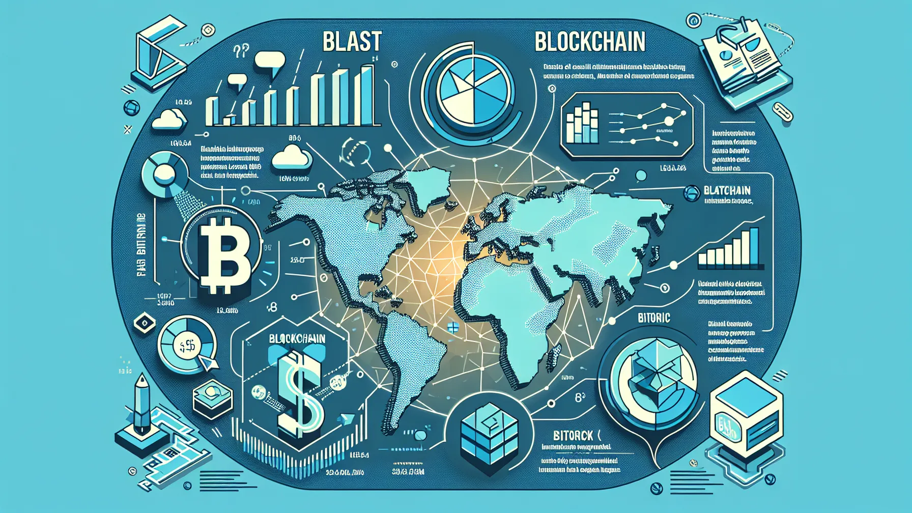 Modern infographics with global maps, charts, and blockchain elements representing the Blast and Bitrock ecosystems